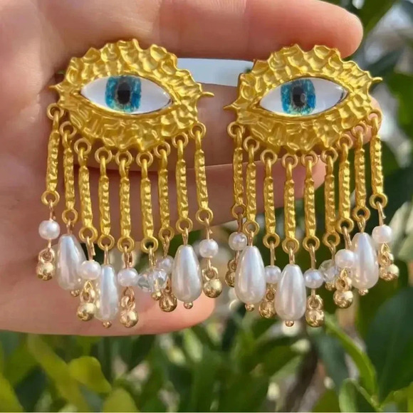 Anthropologie Maison Blue Evil Eye Protection Pearl Dangle Earrings - Picture 4 of 8